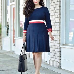 Tommy Hilfiger Knit Navy Stripe Pleated Dress, Like New, Size XL